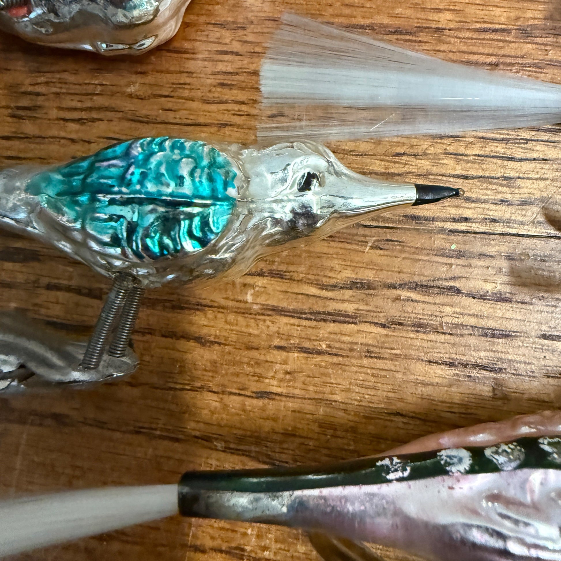 Vintage Mercury Glass Birds Clip-0n Ornament Set 6 White Spun Tail