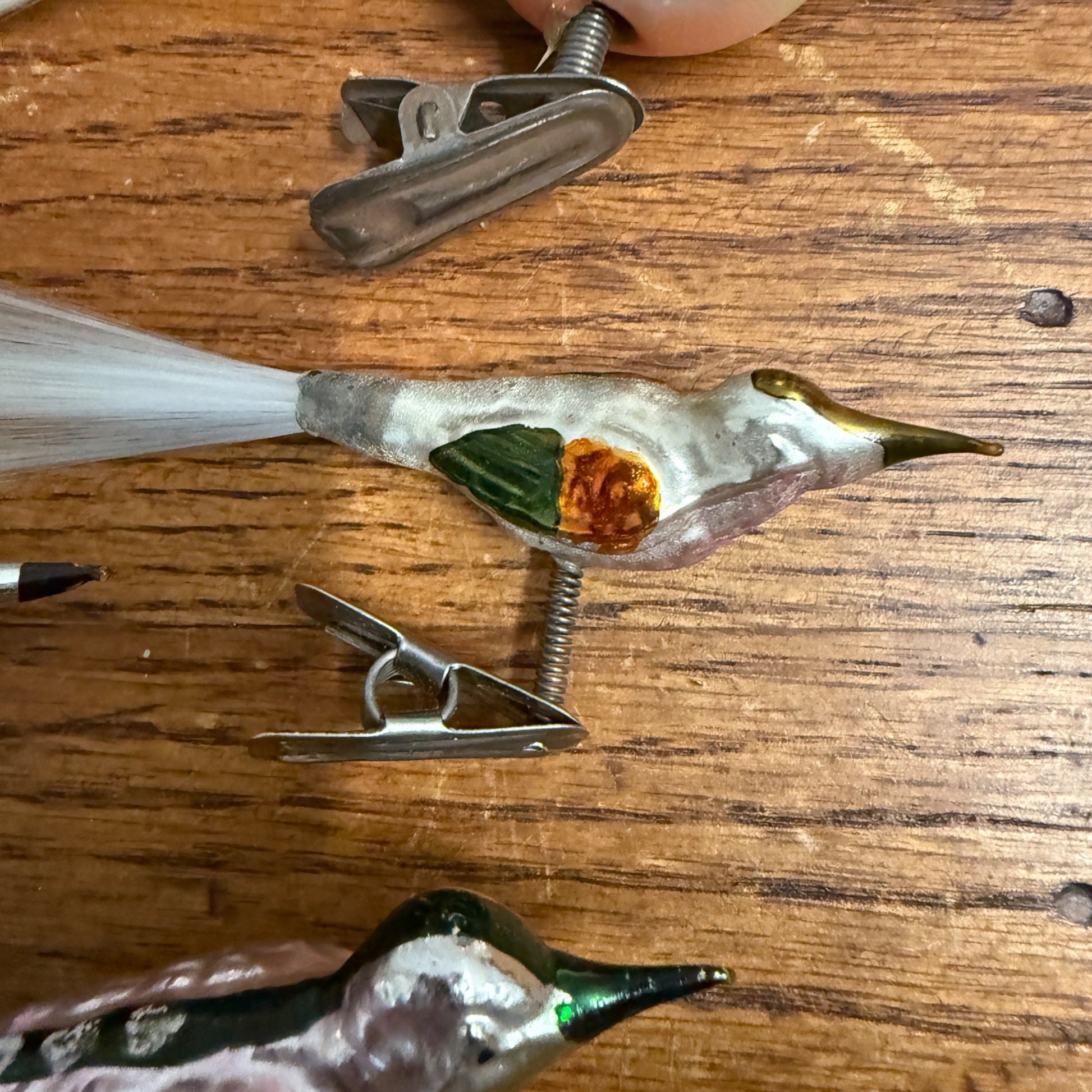 Vintage Mercury Glass Birds Clip-0n Ornament Set 6 White Spun Tail