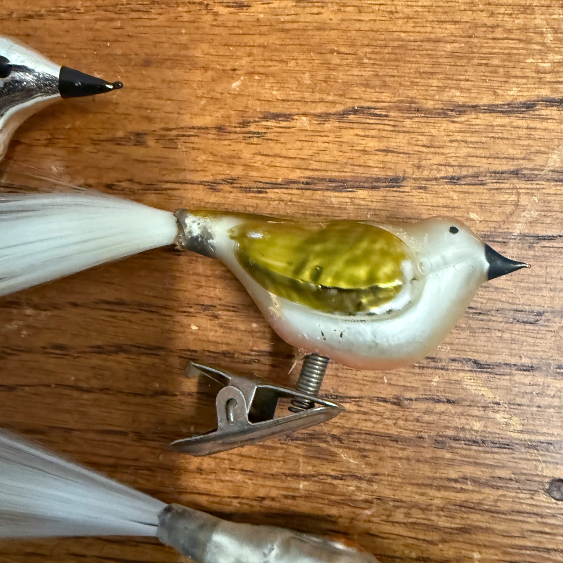 Vintage Mercury Glass Birds Clip-0n Ornament Set 6 White Spun Tail