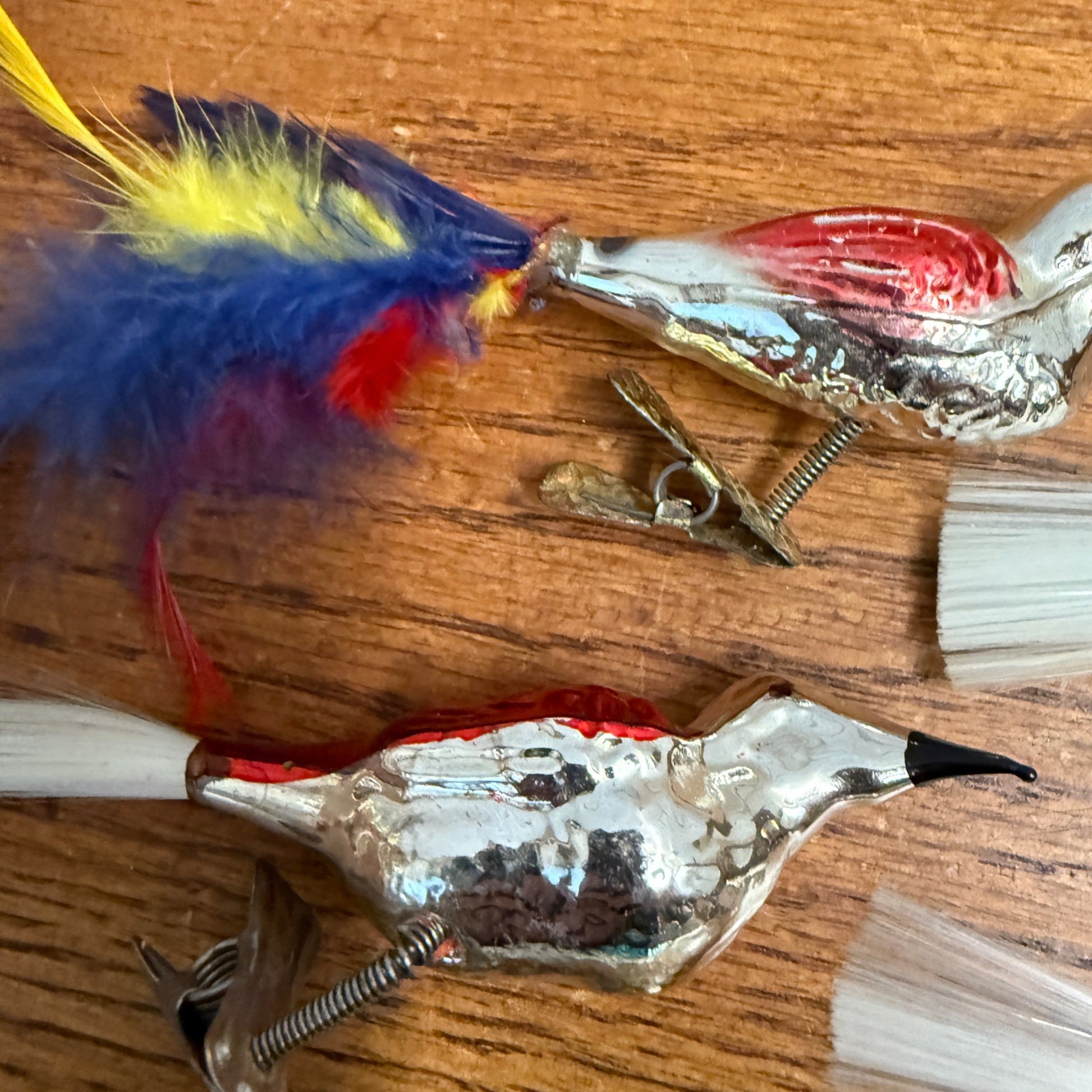 Vintage Mercury Glass Birds Clip-0n Ornament Set 6 White Spun Tail