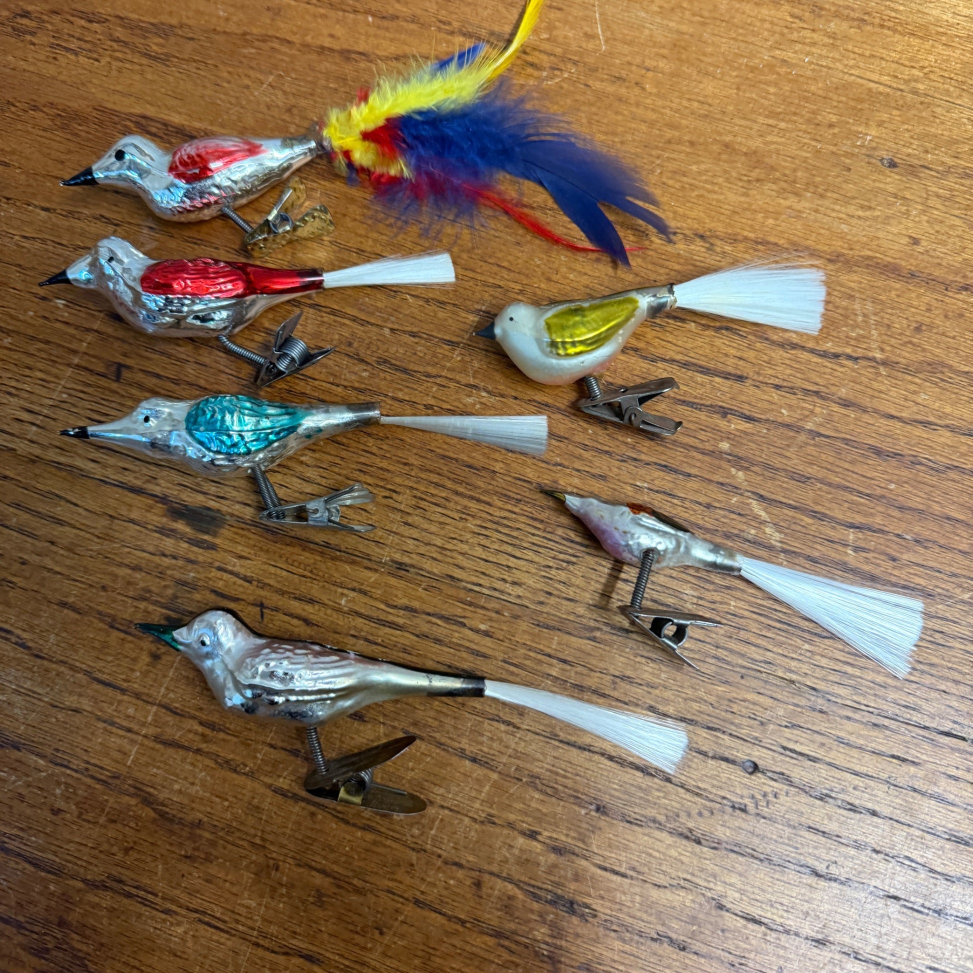Vintage Mercury Glass Birds Clip-0n Ornament Set 6 White Spun Tail