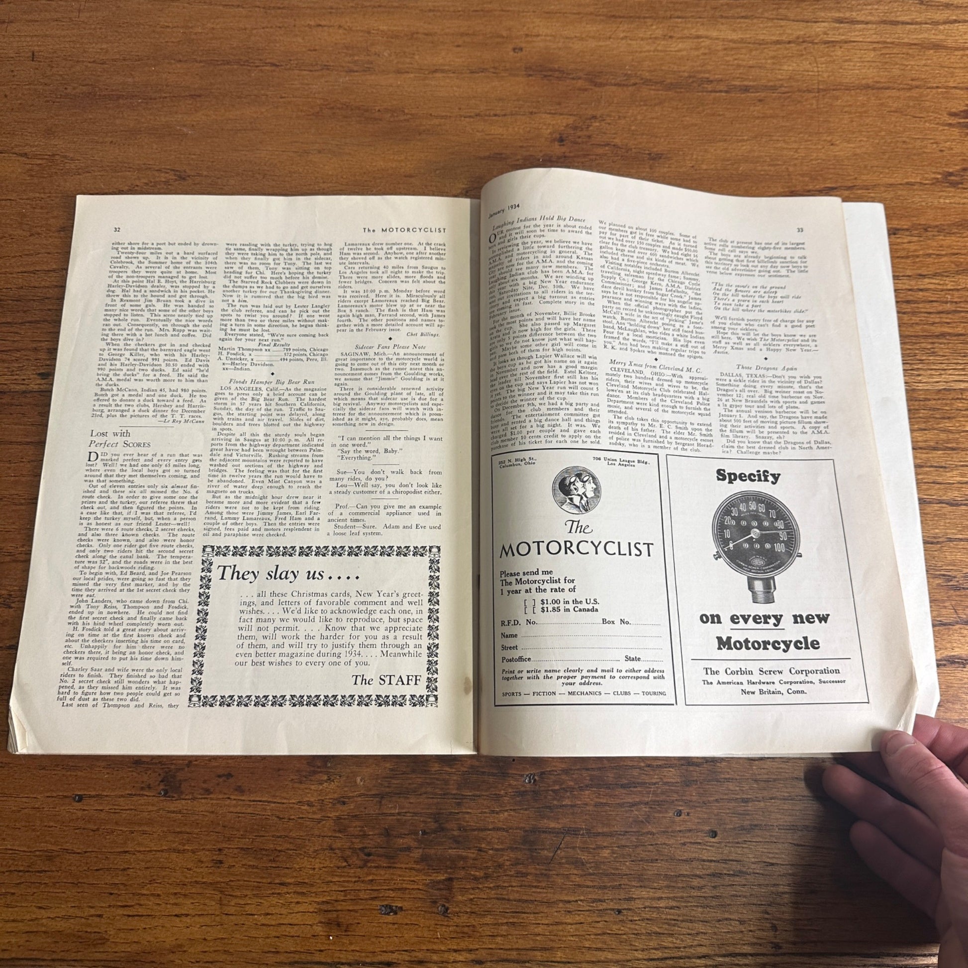 Vintage The Motorcyclist Magazine January 1934 Harley Indian Motorcycle Ads