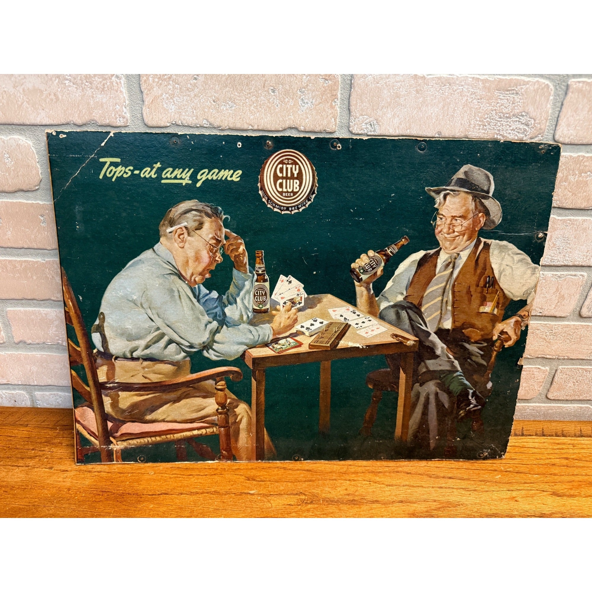 Original Schmidt's City Club Beer Norman Rockwell Cardboard Lithograph Sign