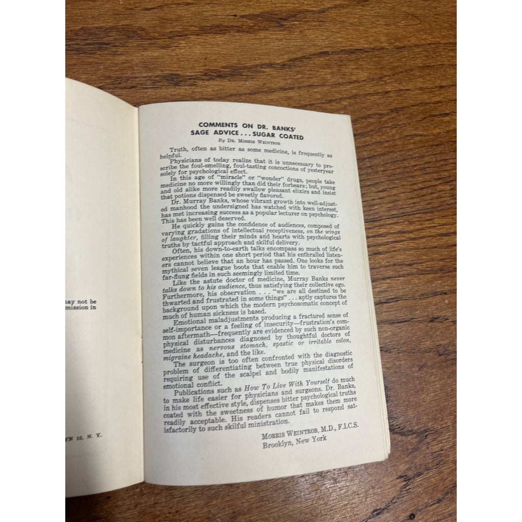 Dr Murray Banks Autographed Signed How to Live With Yourself Book Self-Help 1949