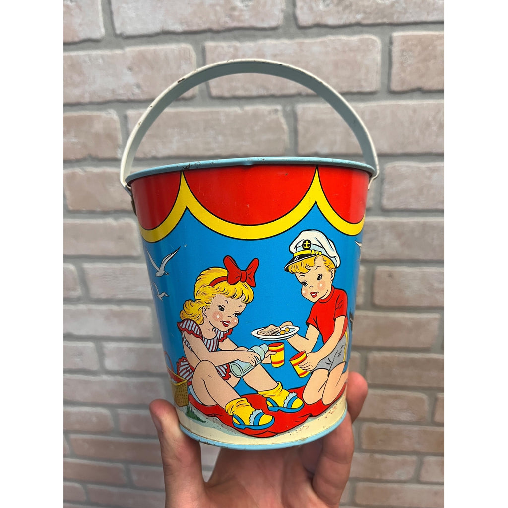 Vintage Ohio Art Co. Tin Litho Child's Beach Sand Pail Bucket Toy 7.5" NEAR MINT