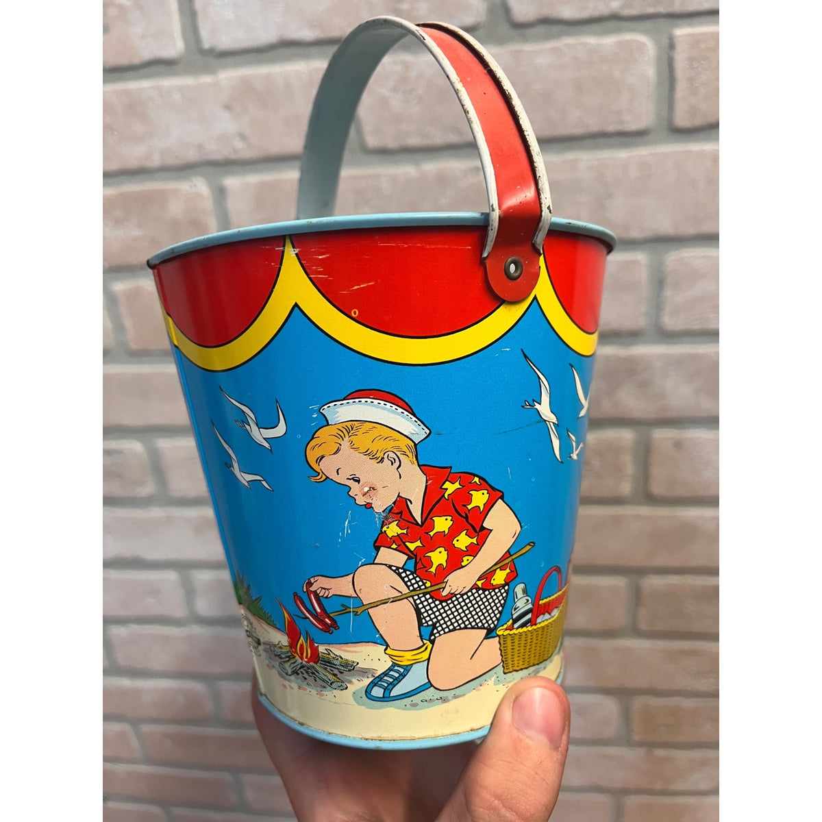 Vintage Ohio Art Co. Tin Litho Child's Beach Sand Pail Bucket Toy 7.5" NEAR MINT