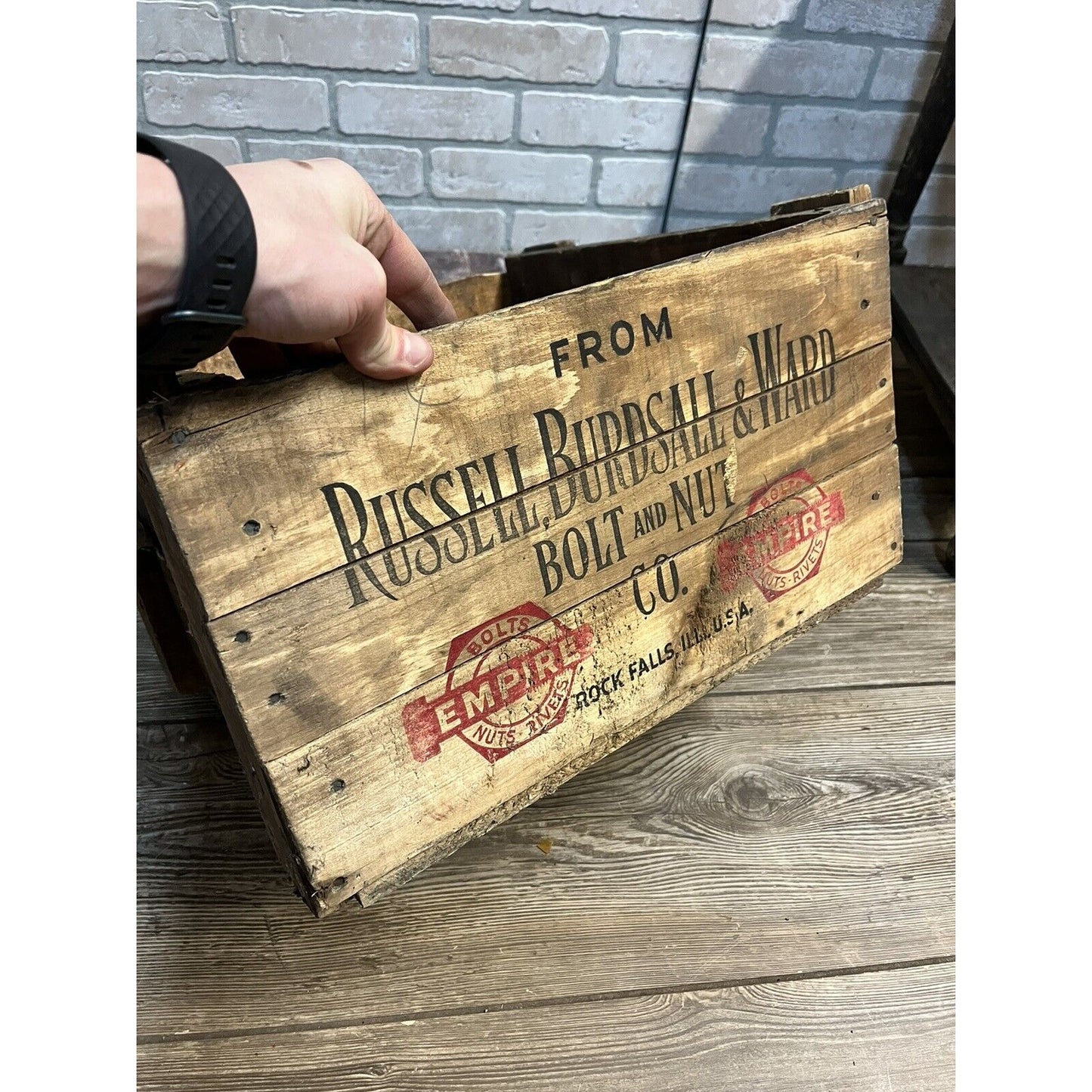 Vintage Russell, Burdsall, & Ward Bolt And Nut Co. Rock Falls, IL Wooden Crate