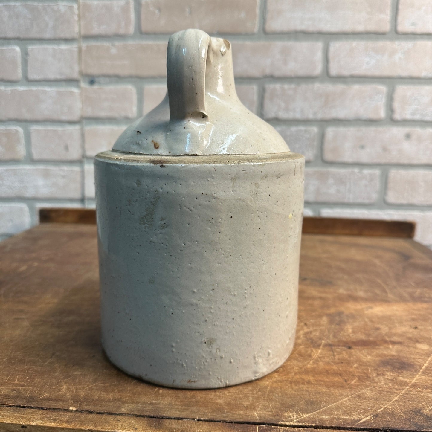 Antique 9"  White Stoneware Jug Moonshine W/ Handle Unmarked Glazed
