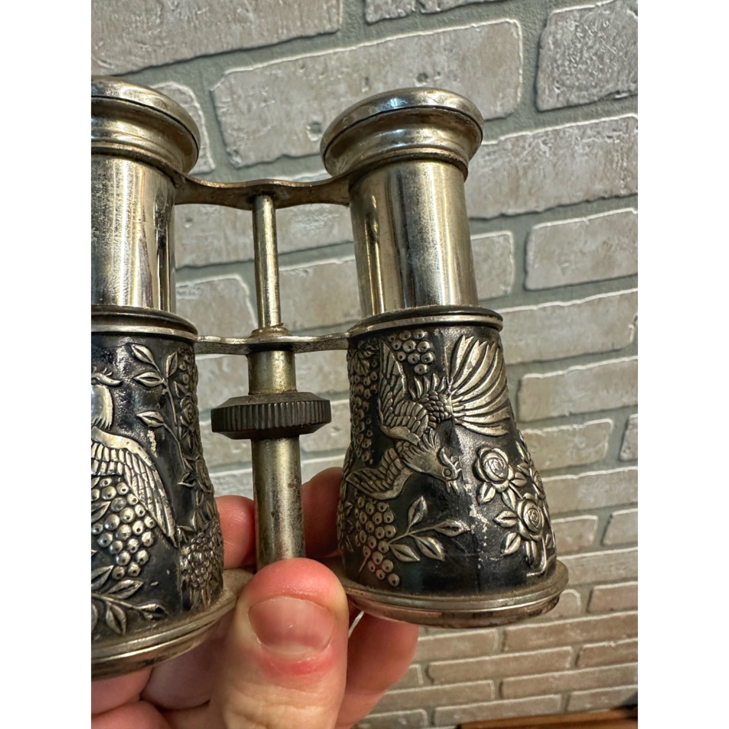 VINTAGE SILVER METAL & BLACK ENAMEL OPERA GLASSES BIRDS ROSES MADE IN JAPAN