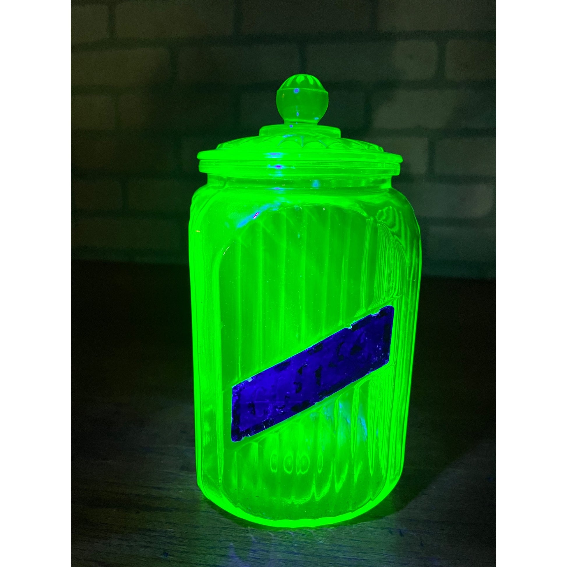 Vintage Uranium Vaseline Glass Canister Storage Ribbed Jar w/ Glass Lid COFFEE