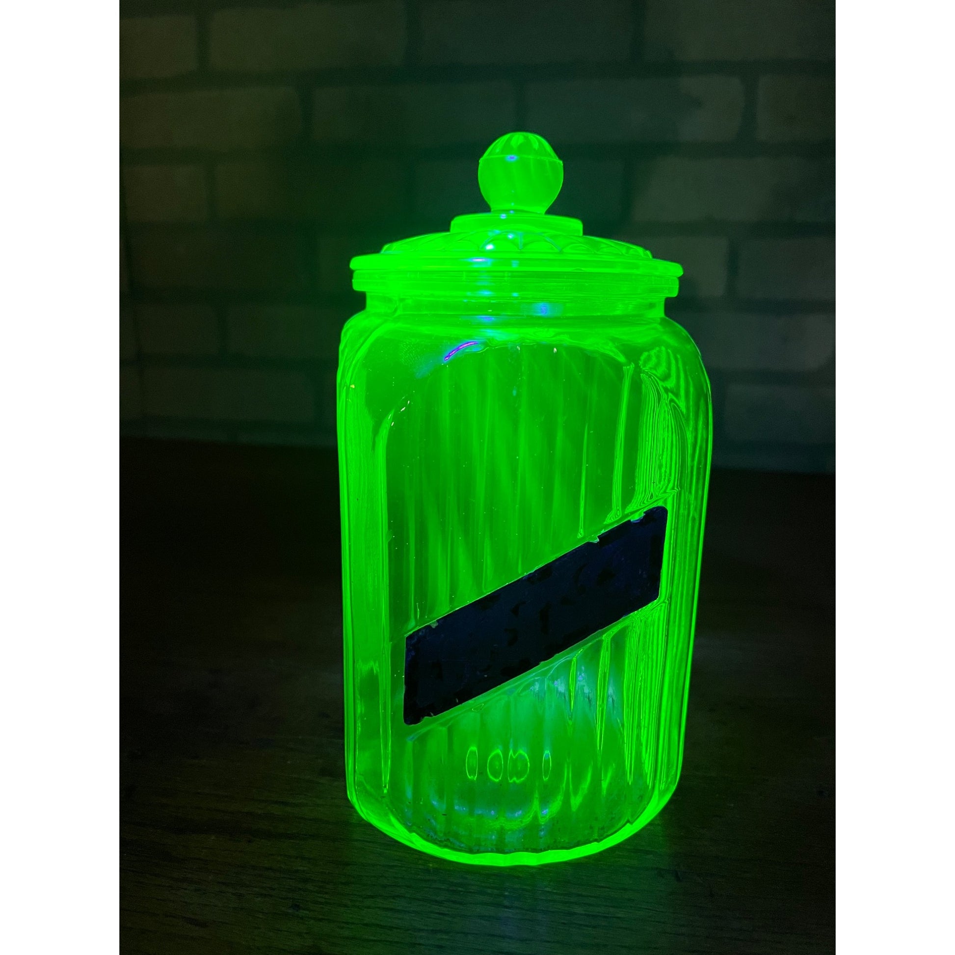 Vintage Uranium Vaseline Glass Canister Storage Ribbed Jar w/ Glass Lid COFFEE