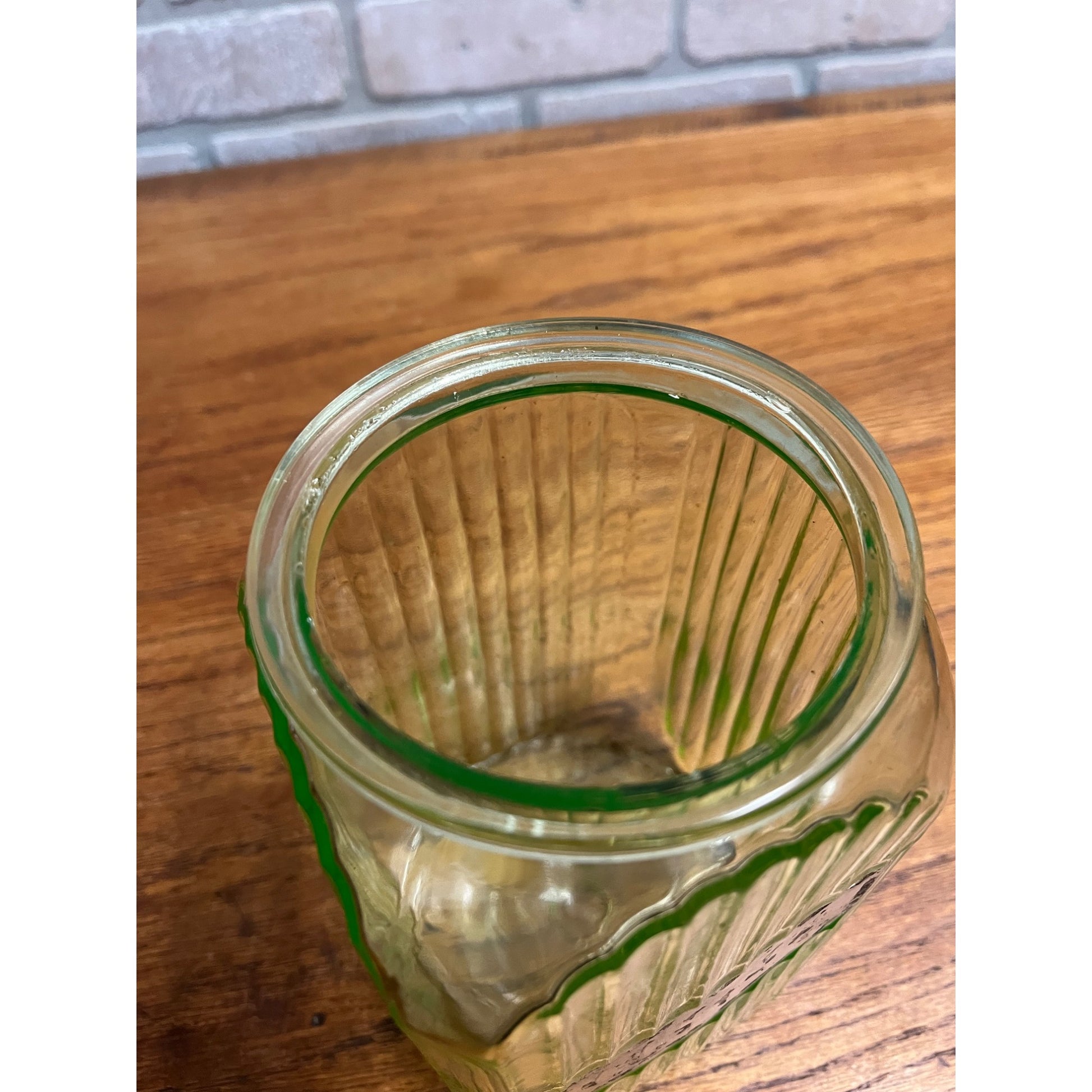 Vintage Uranium Vaseline Glass Canister Storage Ribbed Jar w/ Glass Lid COFFEE