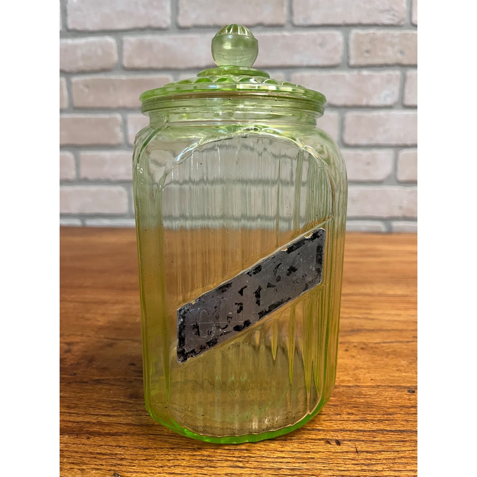 Vintage Uranium Vaseline Glass Canister Storage Ribbed Jar w/ Glass Lid COFFEE
