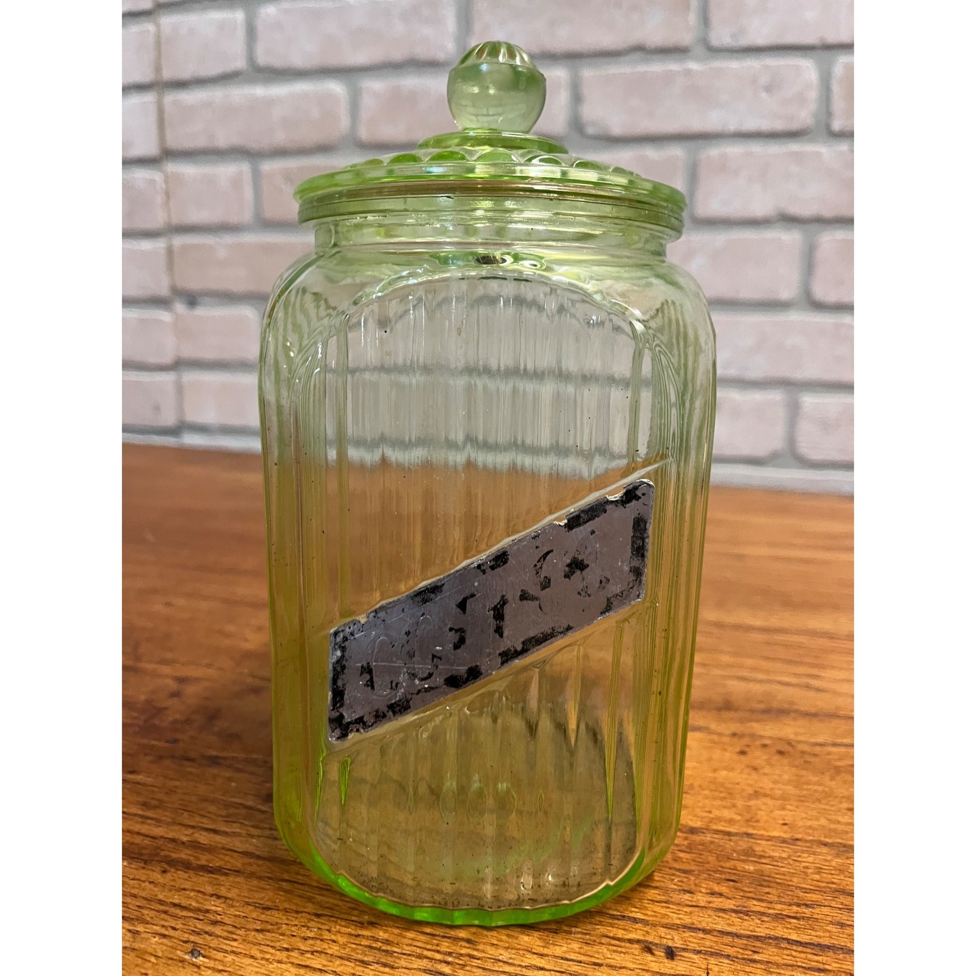 Vintage Uranium Vaseline Glass Canister Storage Ribbed Jar w/ Glass Lid COFFEE