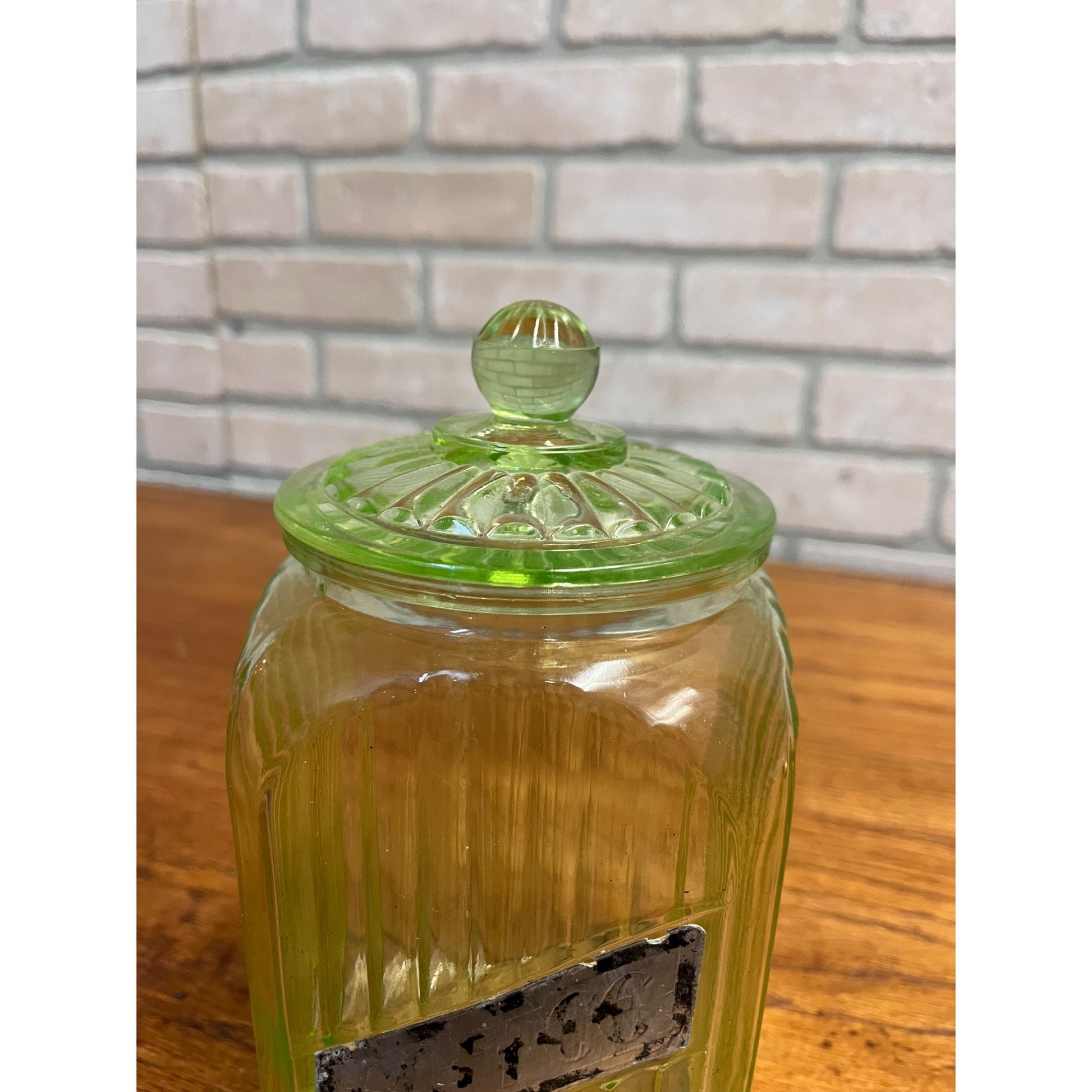 Vintage Uranium Vaseline Glass Canister Storage Ribbed Jar w/ Glass Lid COFFEE