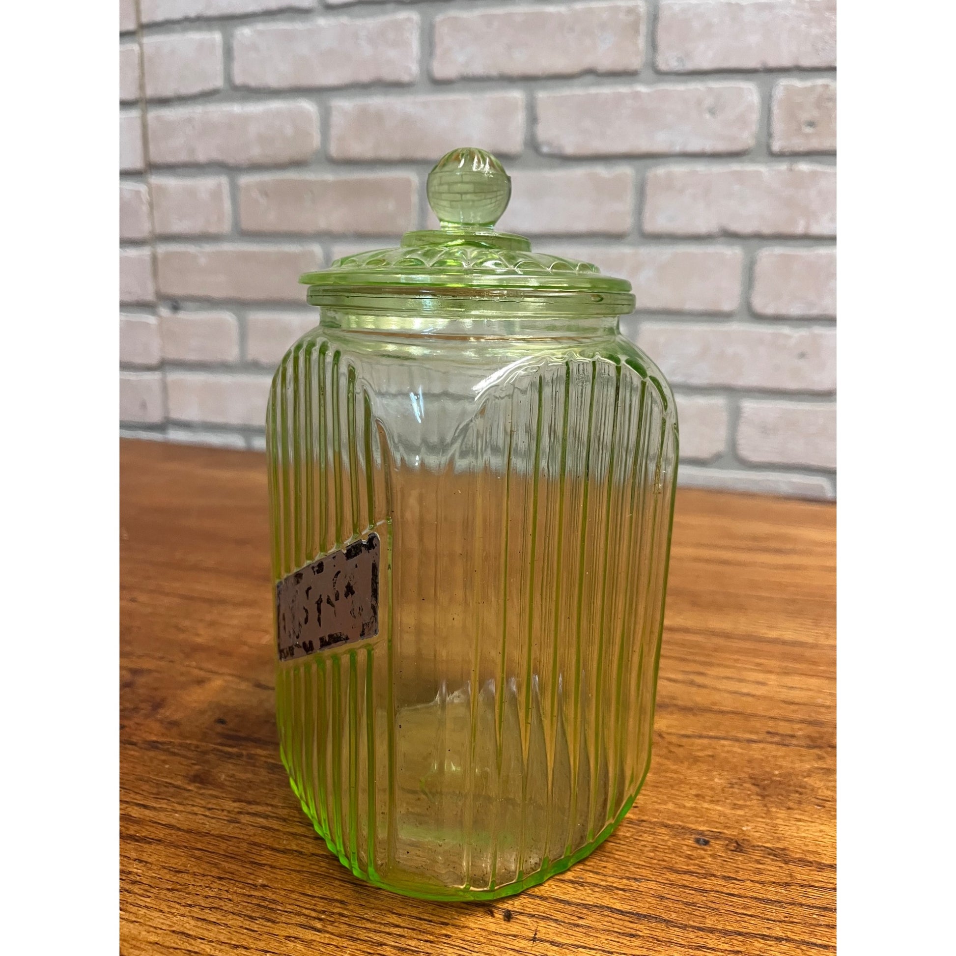 Vintage Uranium Vaseline Glass Canister Storage Ribbed Jar w/ Glass Lid COFFEE
