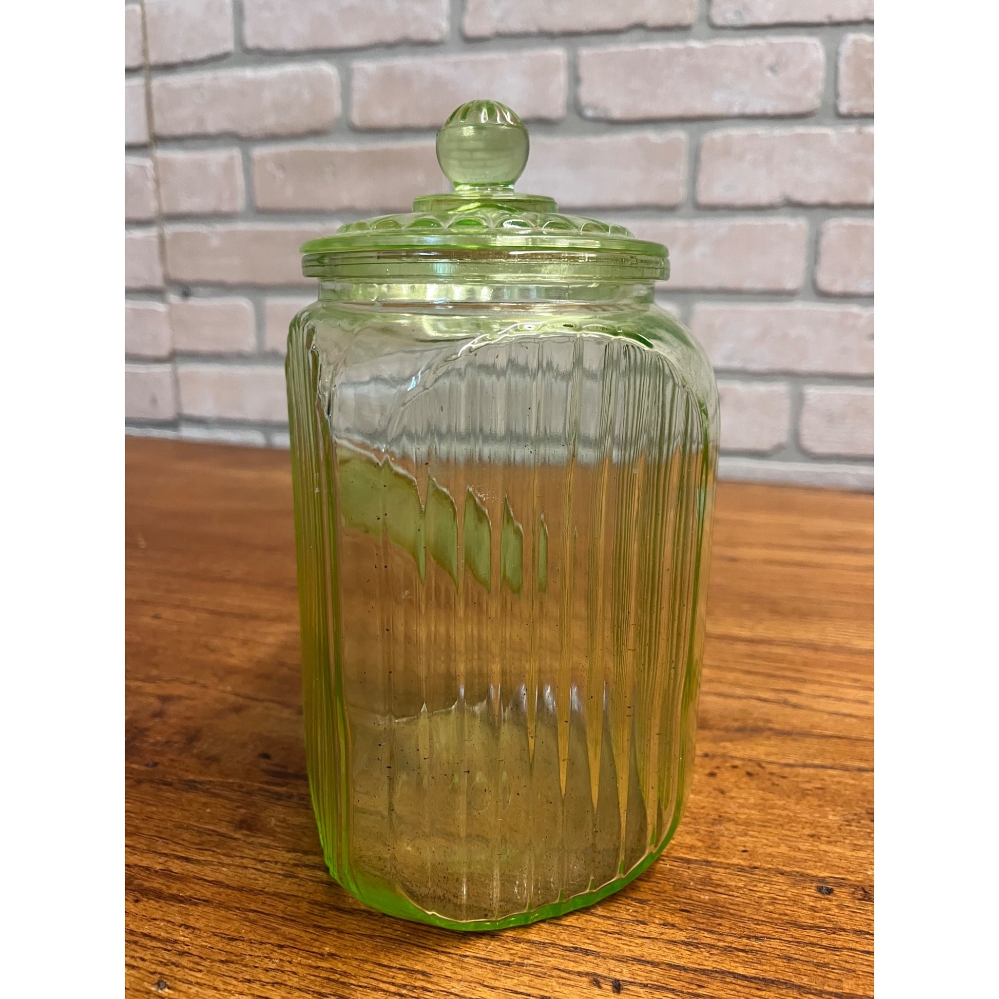 Vintage Uranium Vaseline Glass Canister Storage Ribbed Jar w/ Glass Lid COFFEE