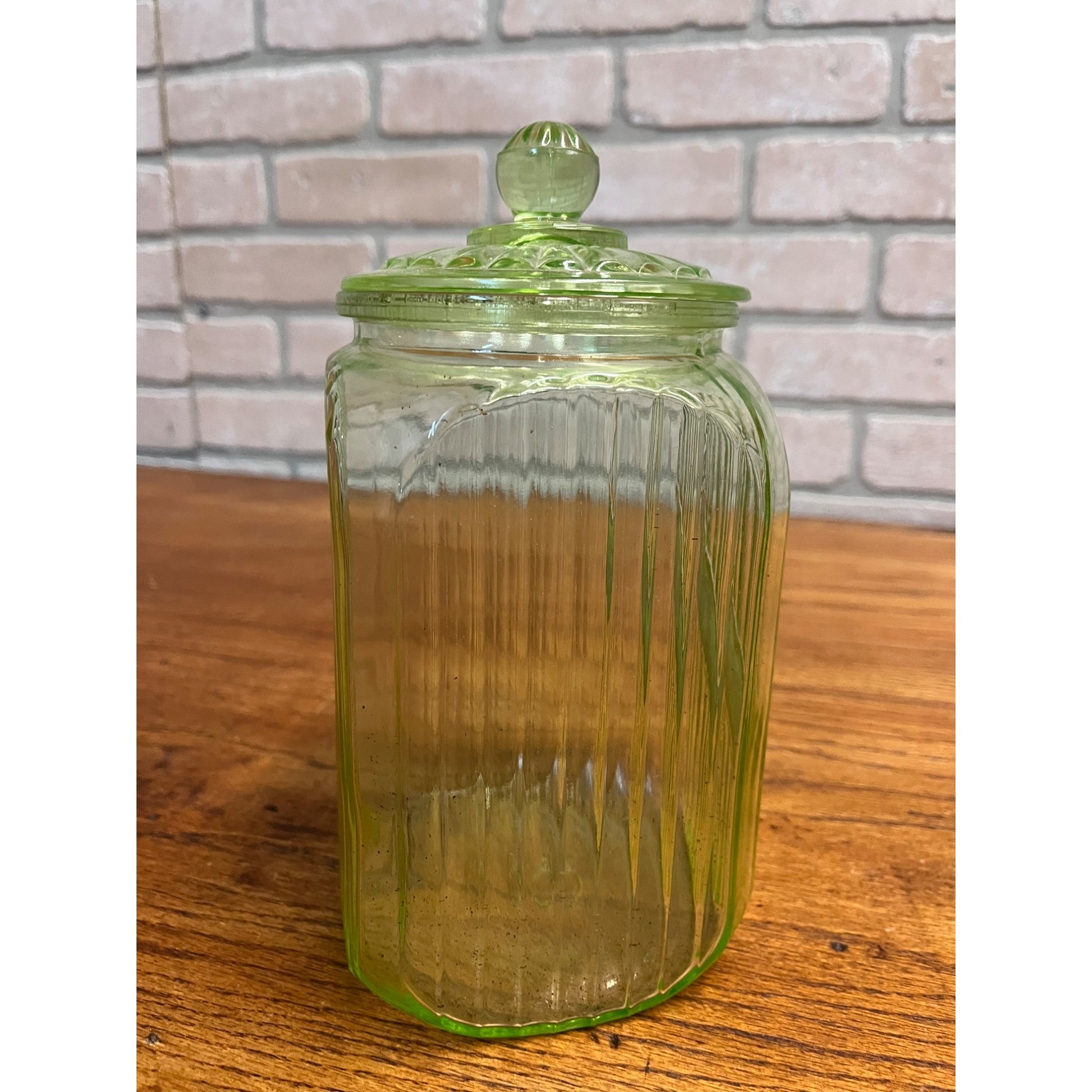 Vintage Uranium Vaseline Glass Canister Storage Ribbed Jar w/ Glass Lid COFFEE