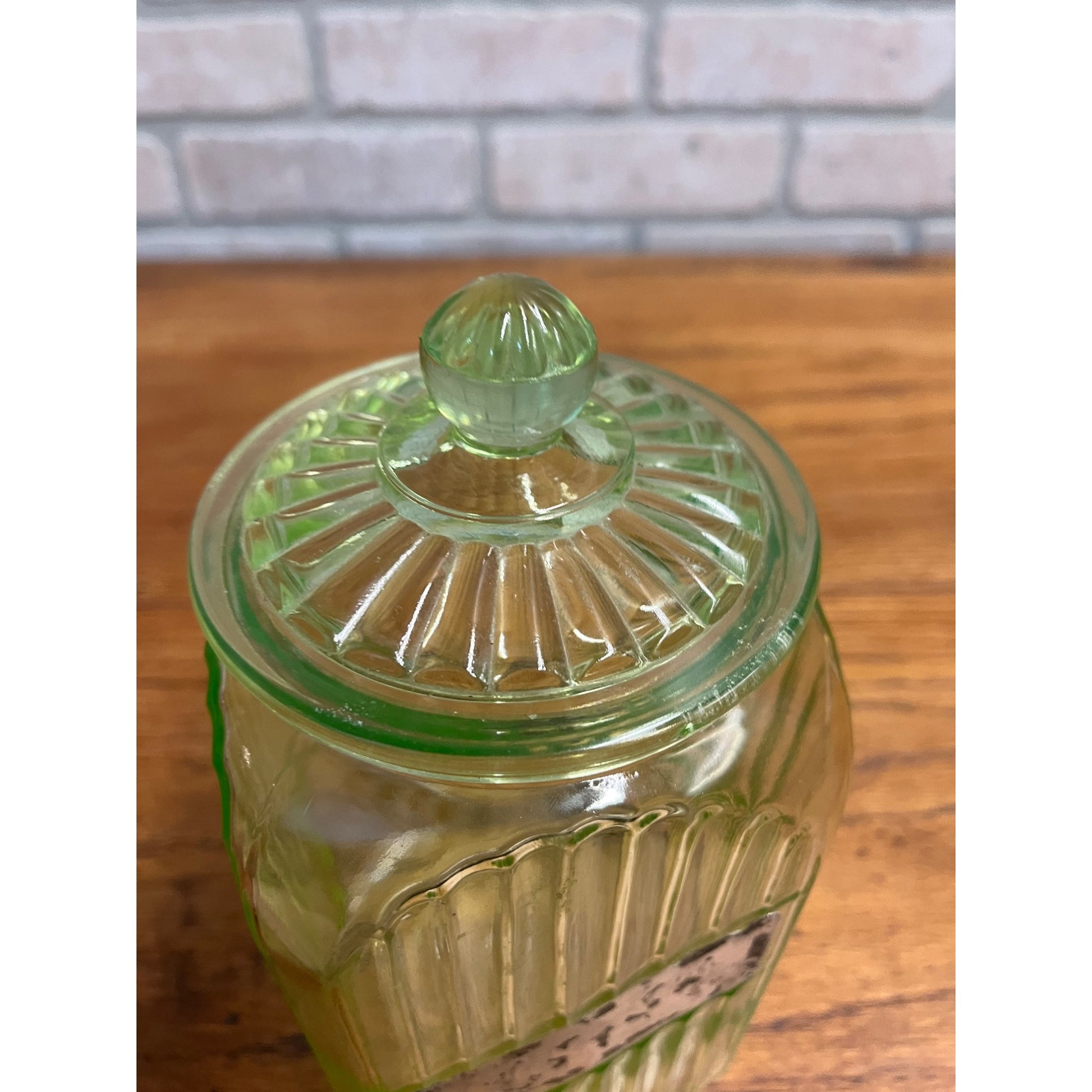 Vintage Uranium Vaseline Glass Canister Storage Ribbed Jar w/ Glass Lid COFFEE