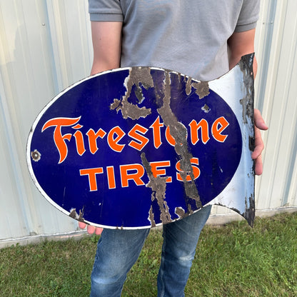 Original "Firestone Tires" Flange Double Sided Porcelain Sign Gas Automotive