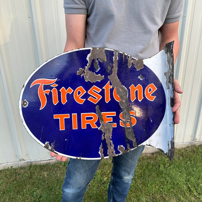 Original "Firestone Tires" Flange Double Sided Porcelain Sign Gas Automotive