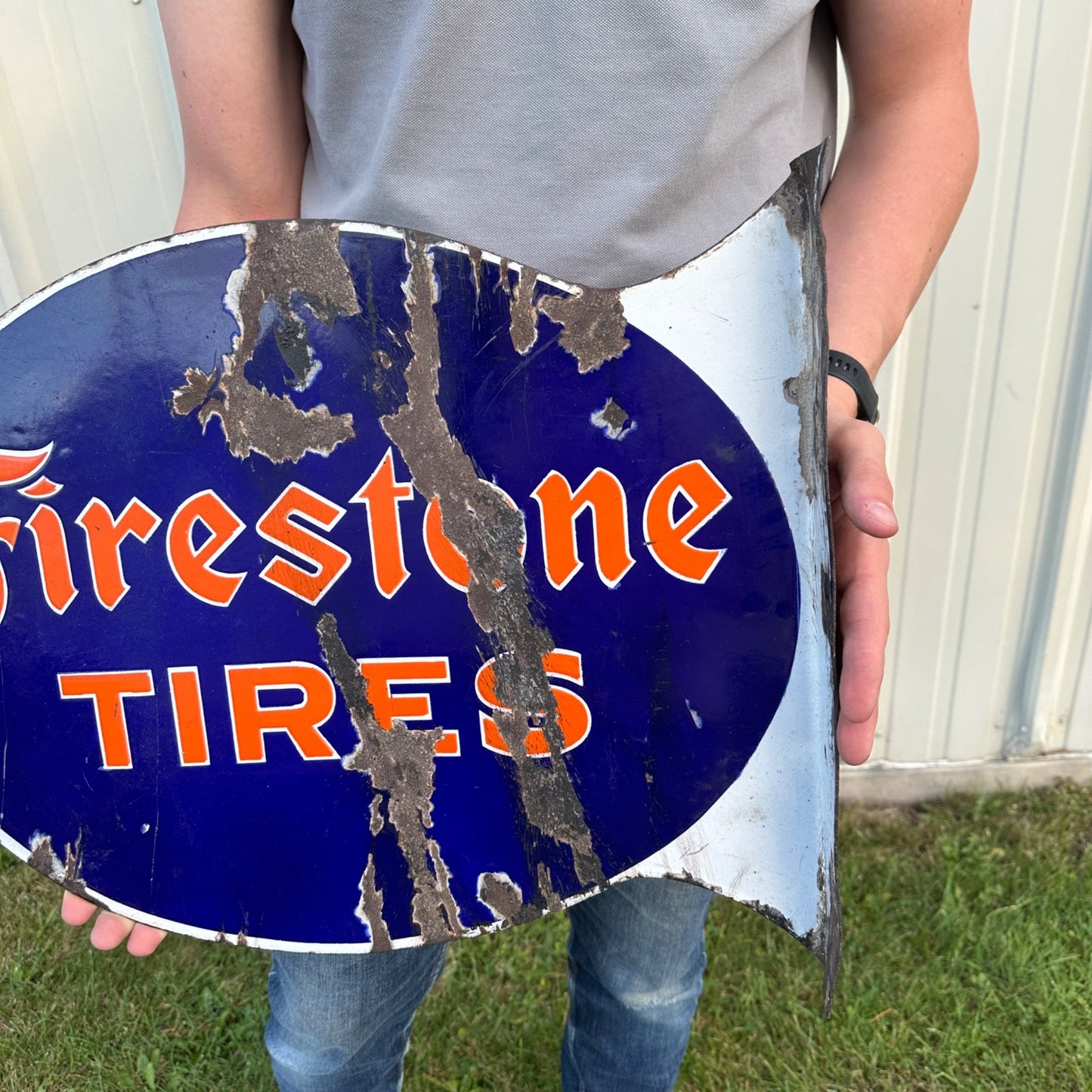 Original "Firestone Tires" Flange Double Sided Porcelain Sign Gas Automotive