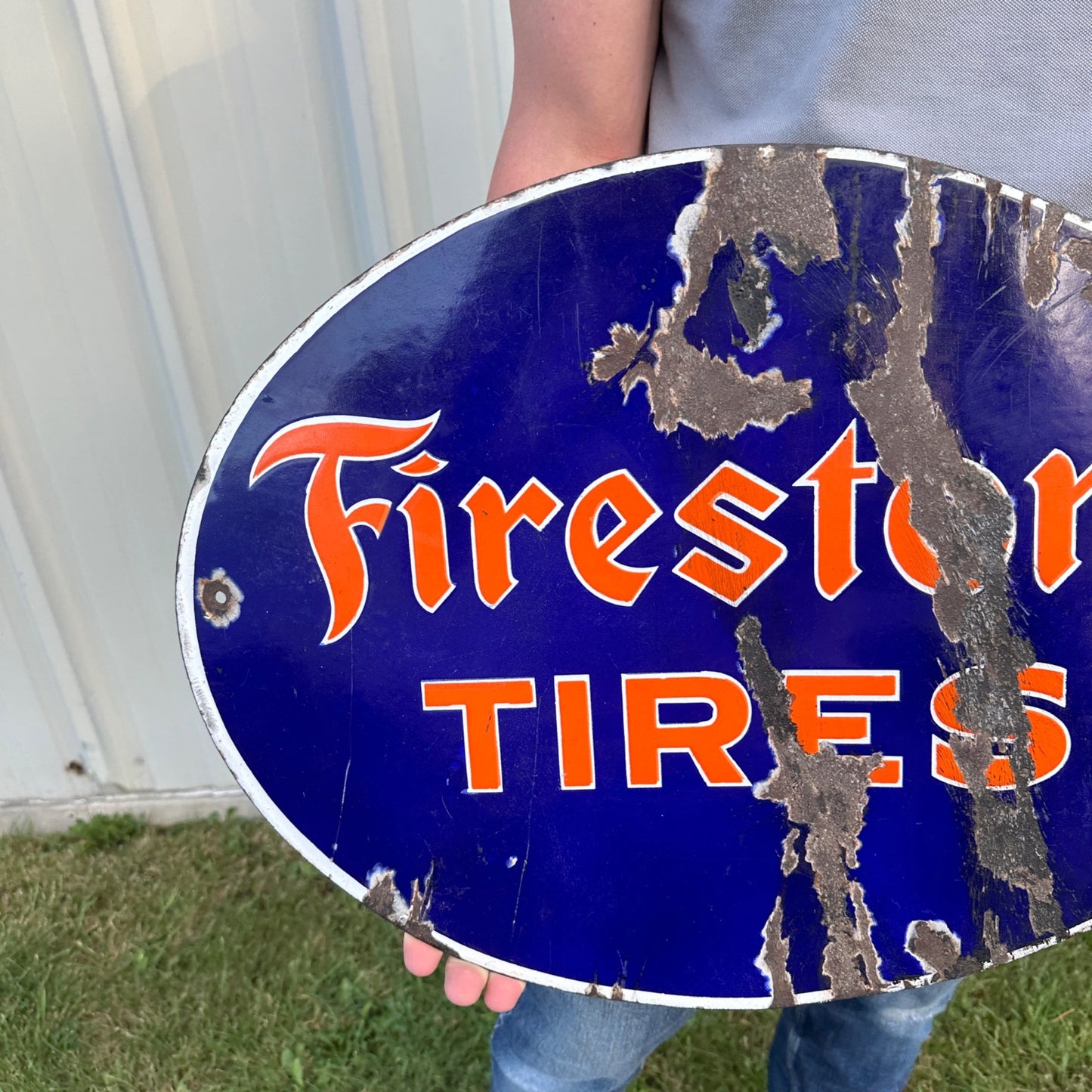 Original "Firestone Tires" Flange Double Sided Porcelain Sign Gas Automotive