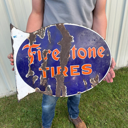 Original "Firestone Tires" Flange Double Sided Porcelain Sign Gas Automotive