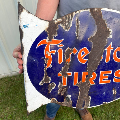 Original "Firestone Tires" Flange Double Sided Porcelain Sign Gas Automotive