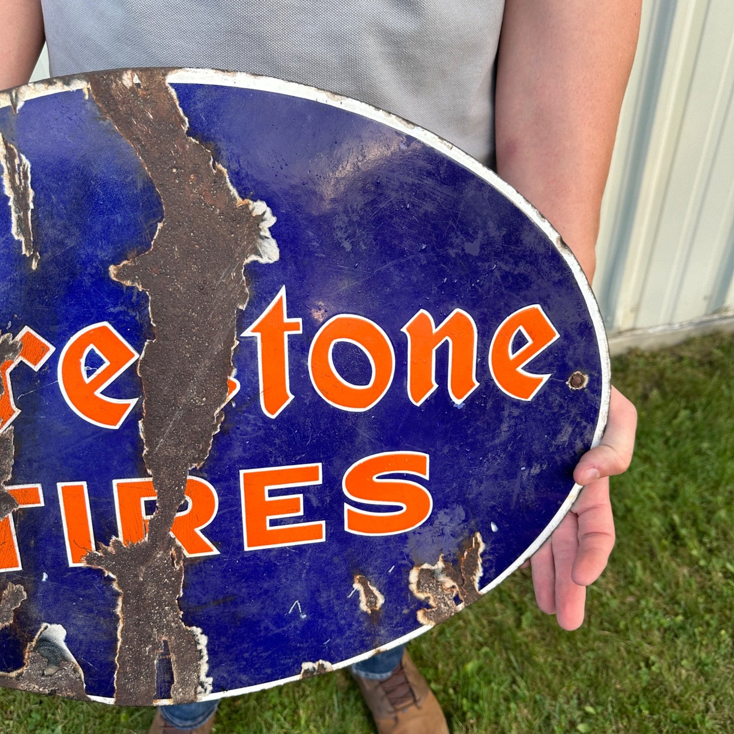 Original "Firestone Tires" Flange Double Sided Porcelain Sign Gas Automotive