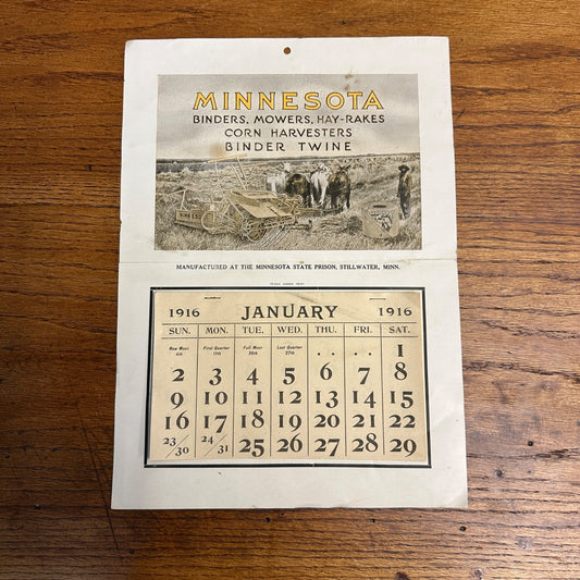 SCARCE Vintage 1916 Minnesota Binders Hay Rakes Farm Advertising Calendar Sign