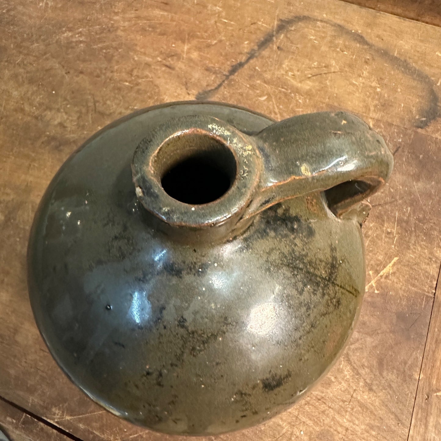 Antique 7-1/2" Gray-ish Brown Stoneware Jug Moonshine W/ Handle Unmarked Glazed