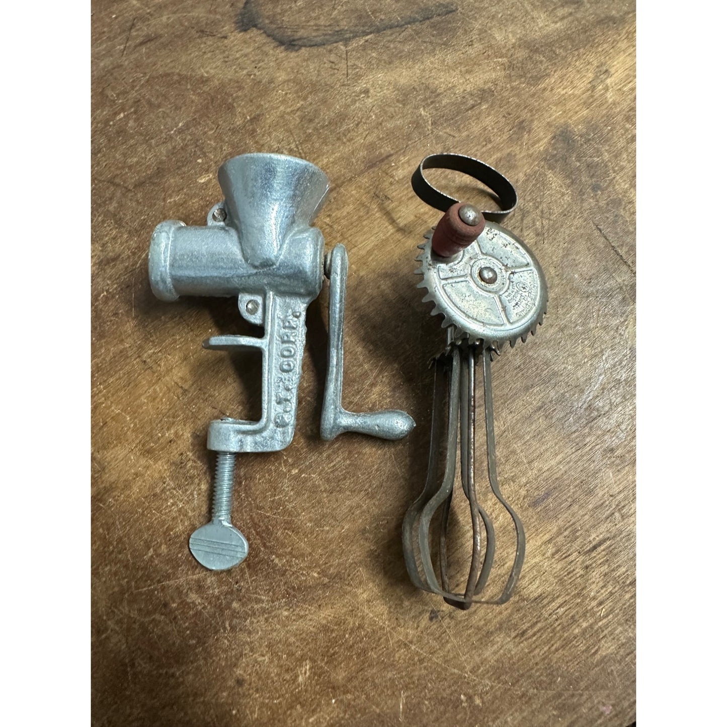 Vintage Child's Miniature Meat Grinder + Egg Beater Whisk