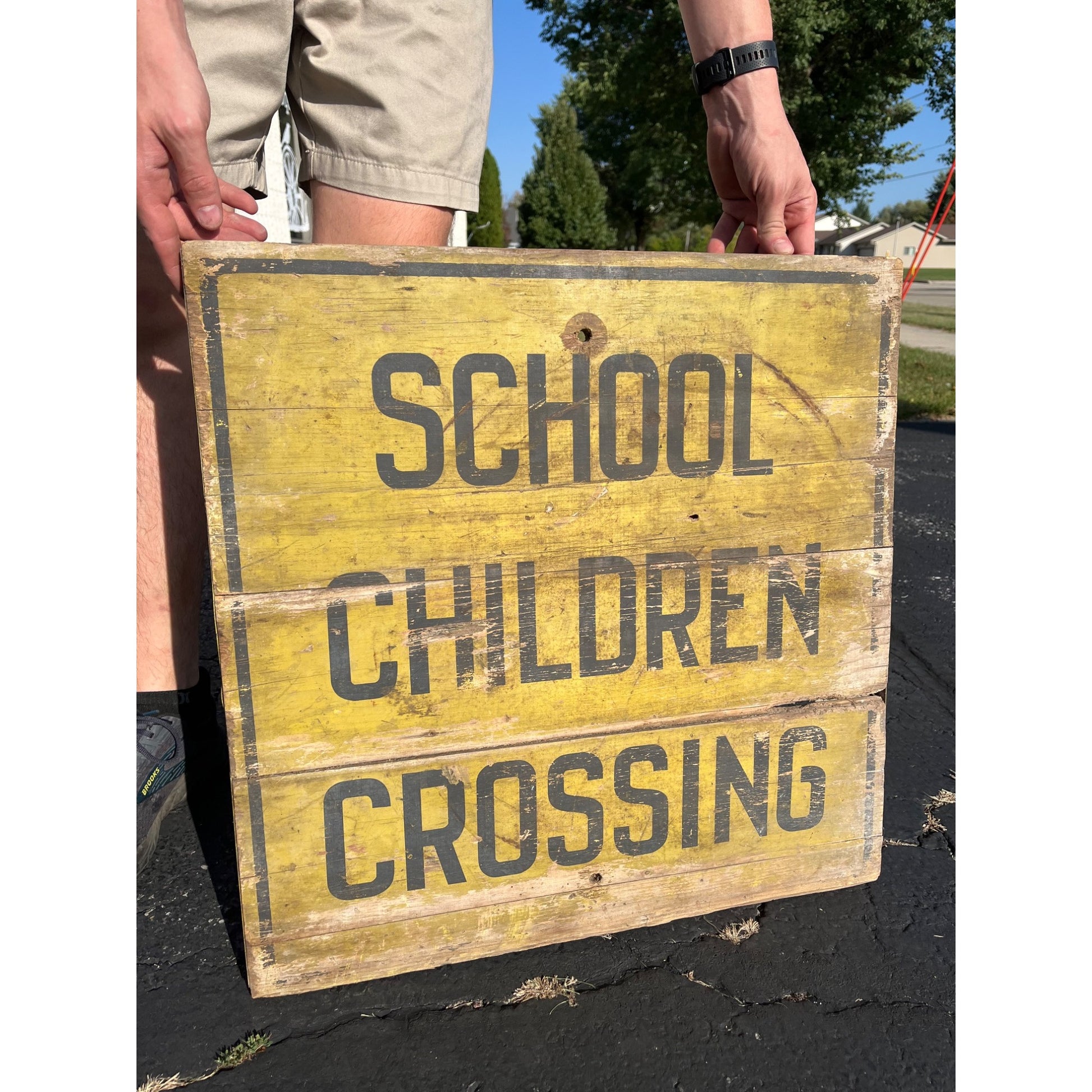 Early Vintage 1930s Wooden School Children Crossing Street Road Sign Yellow