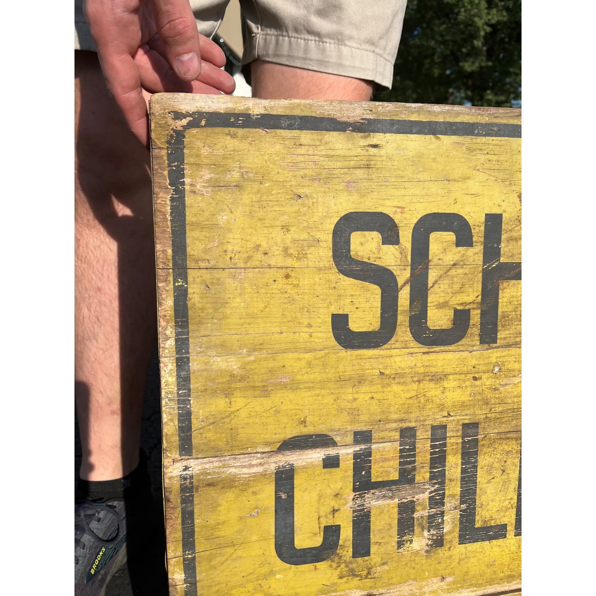 Early Vintage 1930s Wooden School Children Crossing Street Road Sign Yellow