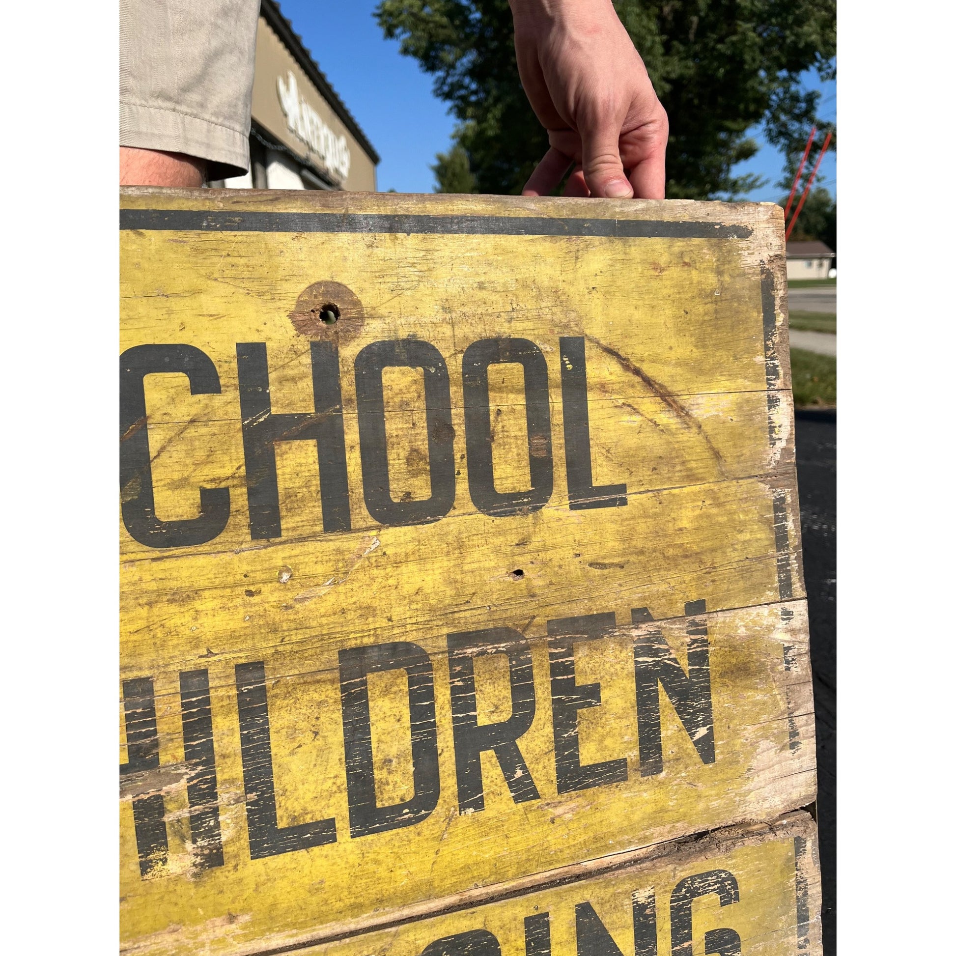 Early Vintage 1930s Wooden School Children Crossing Street Road Sign Yellow