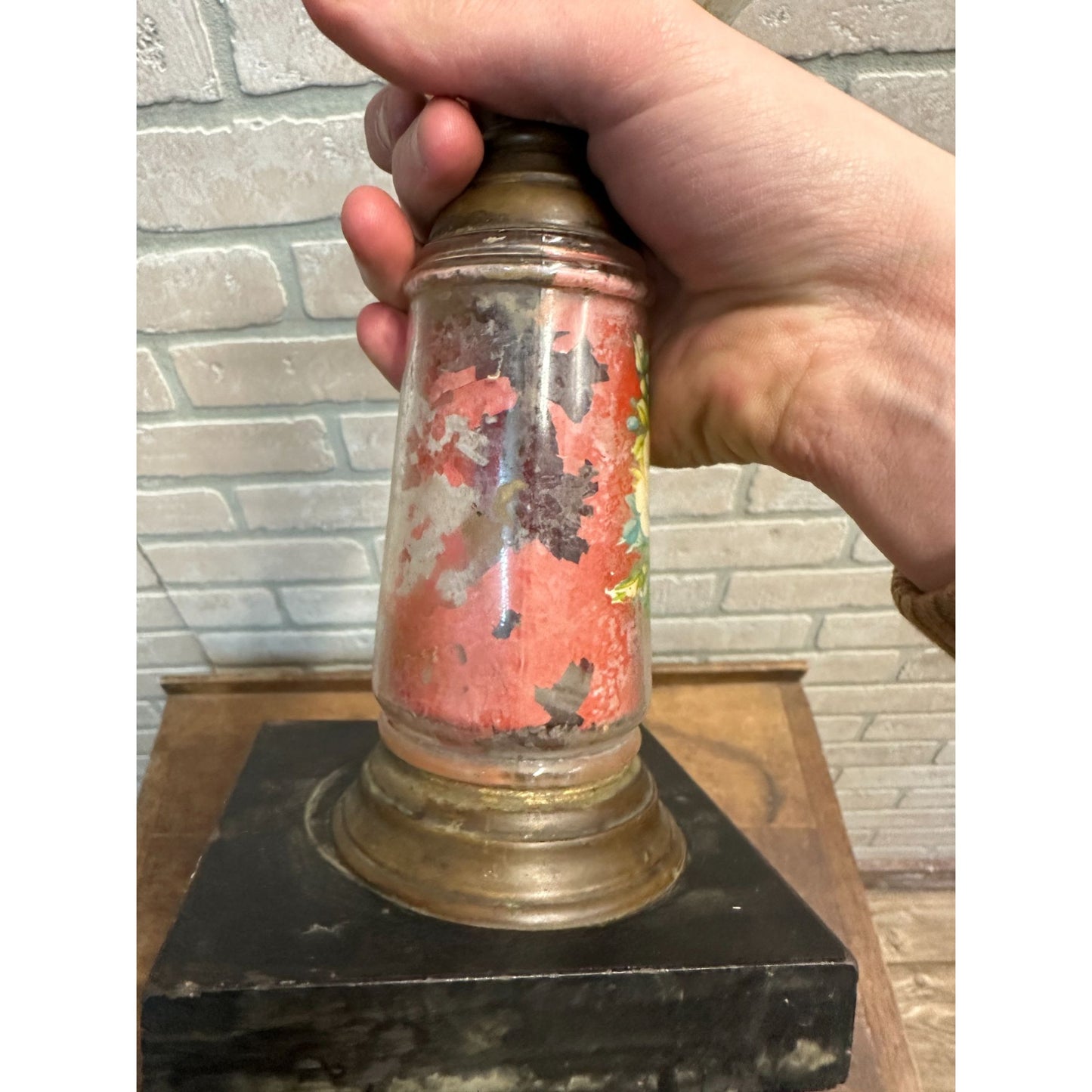 Antique Early 1900s Pedestal 12" Oil Kerosene Lamp Burner w/ Reverse Paint Glass