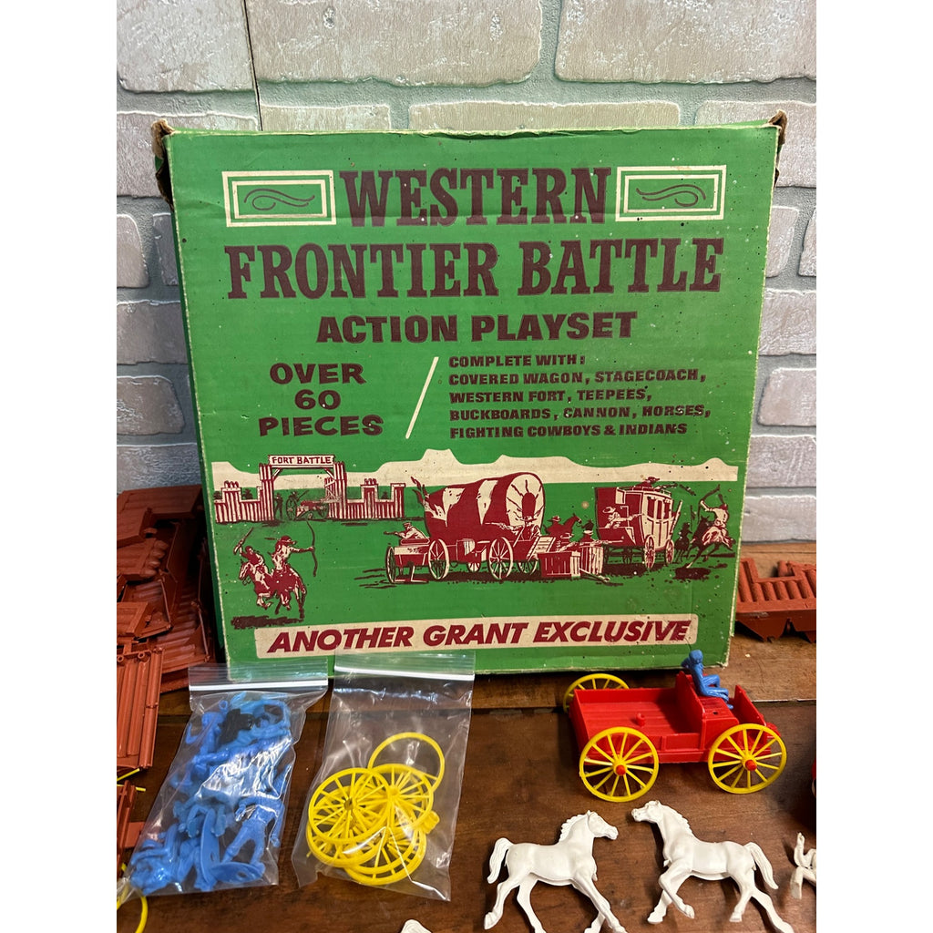 VINTAGE 1960S GRANT PLASTIC WESTERN FRONTIER BATTLE PLAYSET COWBOY HORSE FORT