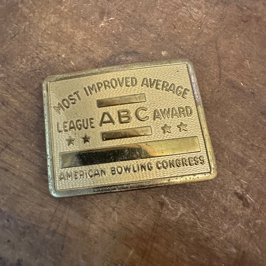 Vintage ABC Bowling League Most Improved Average Award Brass Belt Buckle - NOS