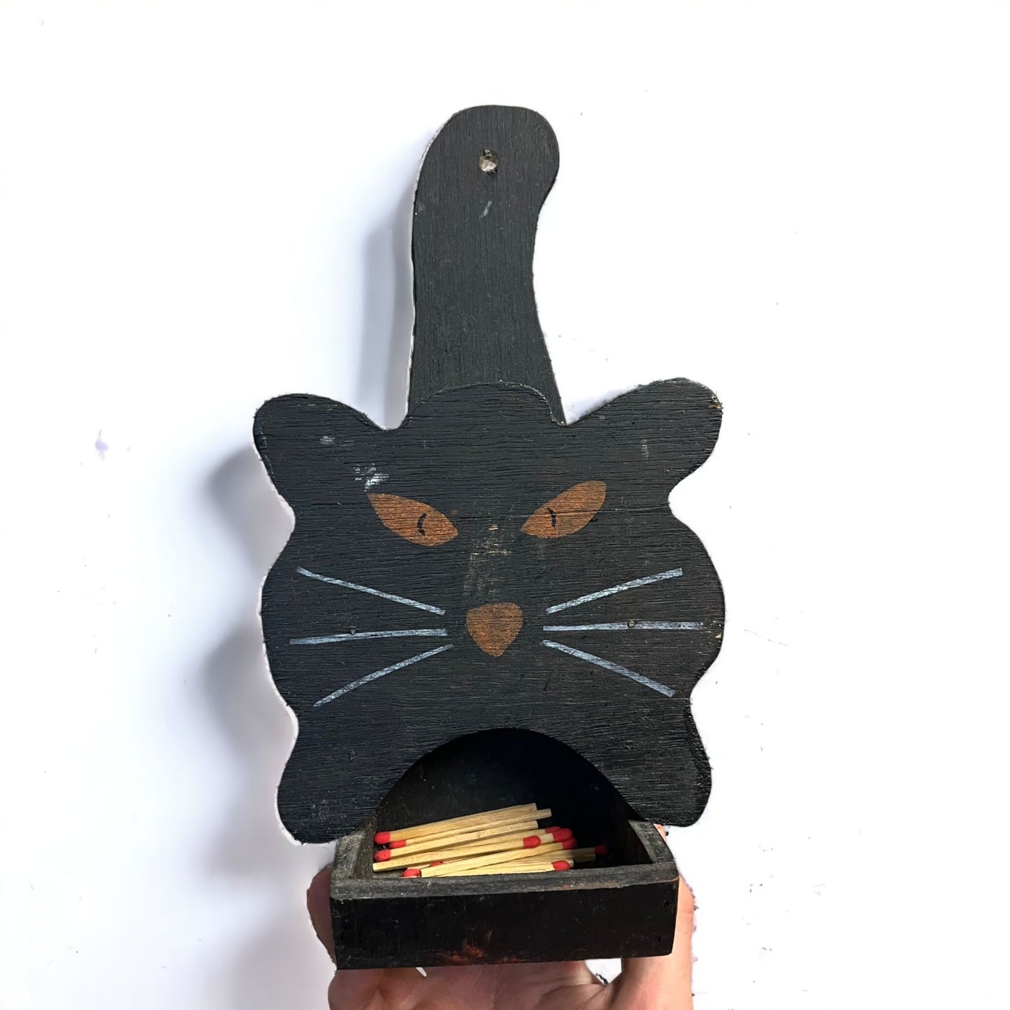 Vintage Halloween Black Cat Wooden Match Stick Holder Wall Hanging