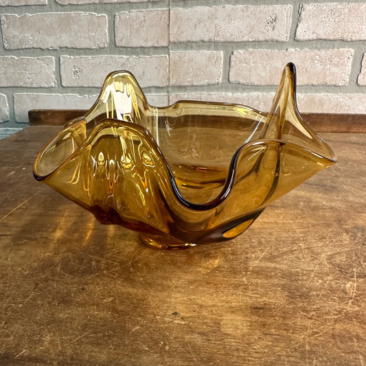 Vintage Viking Art Glass - Bowl Epic Drape Handkerchief Pattern Amber Decor MCM