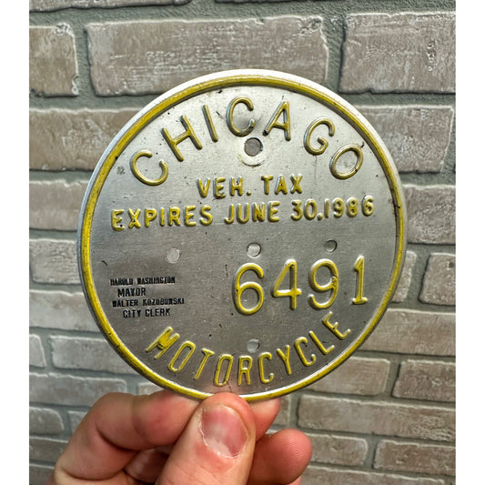 Vintage 1986 Chicago Motorcycle Vehicle Tax Tag Embossed Sign