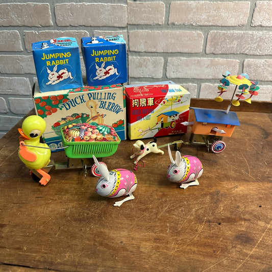 Vintage Lot Tin China Toys Jumping Rabbit Goose Dog Cart Duck Pulling Barrow