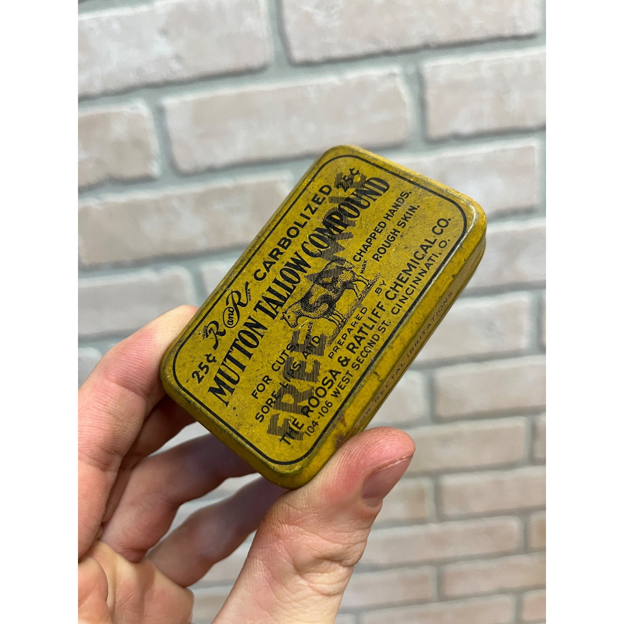 Vintage Roosa & Ratliff Mutton Tallow Tin Burn Quack Medicine Sample