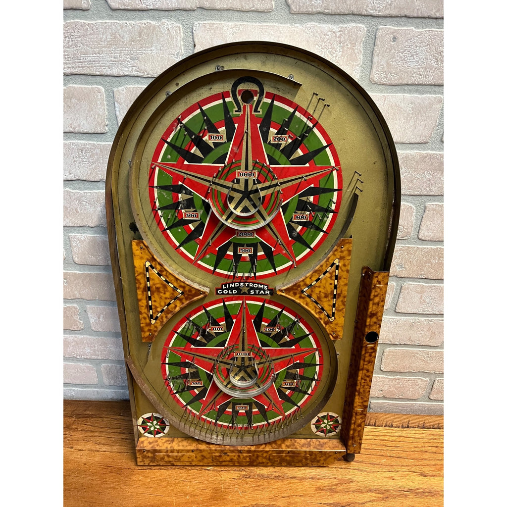 Vintage 1930s Lindstrom's Gold Star Marble Pinball Table Top Game Tin Litho