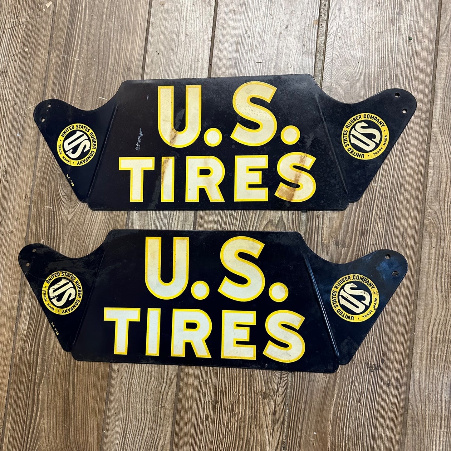 Vintage 1939 United States Rubber Co. US Tires Rack Tin Advertising Signs Pair (2)