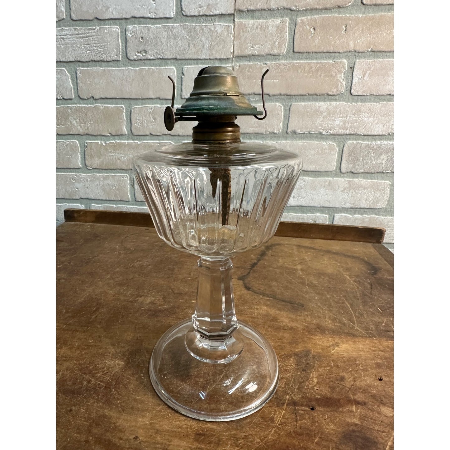 Antique EAPG 1880s Glass Pedestal Base Oil Lamp w/ P&A Burner 10" Tall