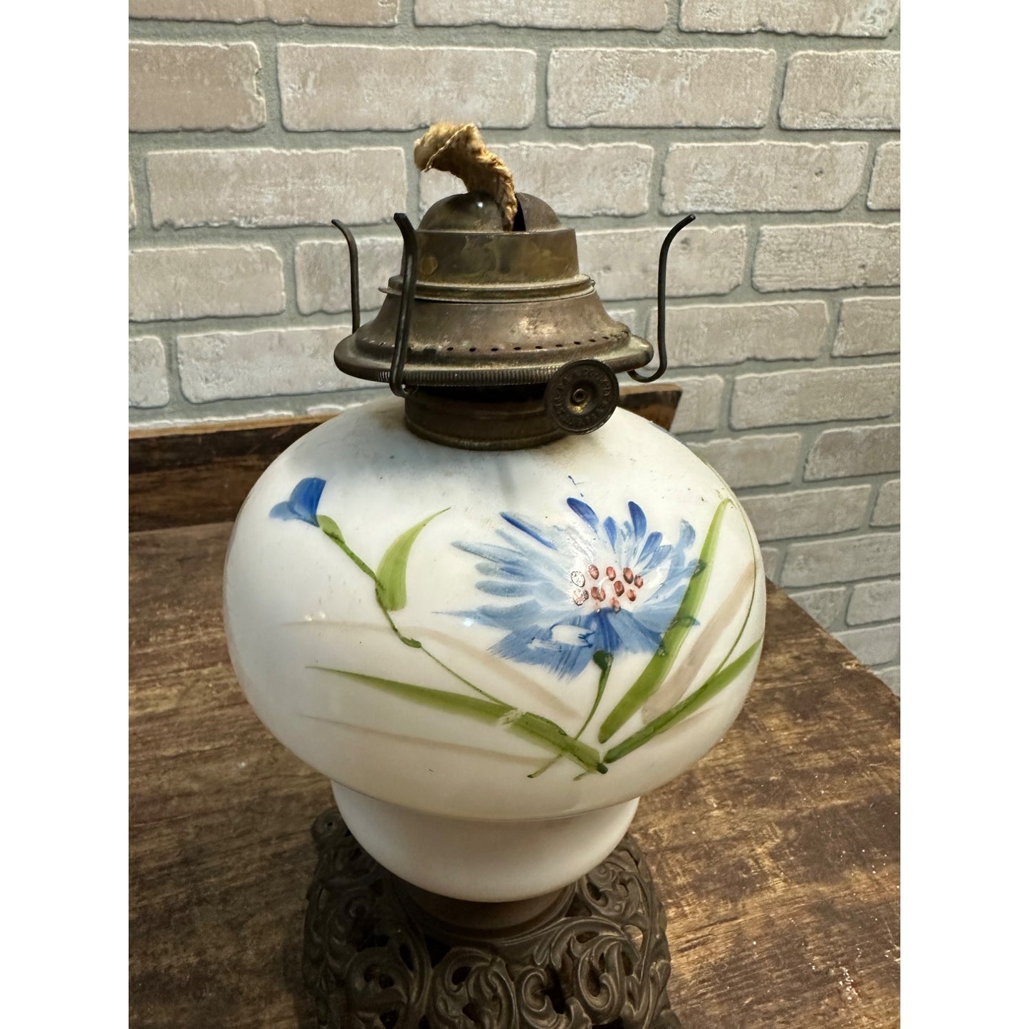 Antique Victorian Era Handpainted Milk Glass Oil Kerosene Lamp Blue Flowers Cast