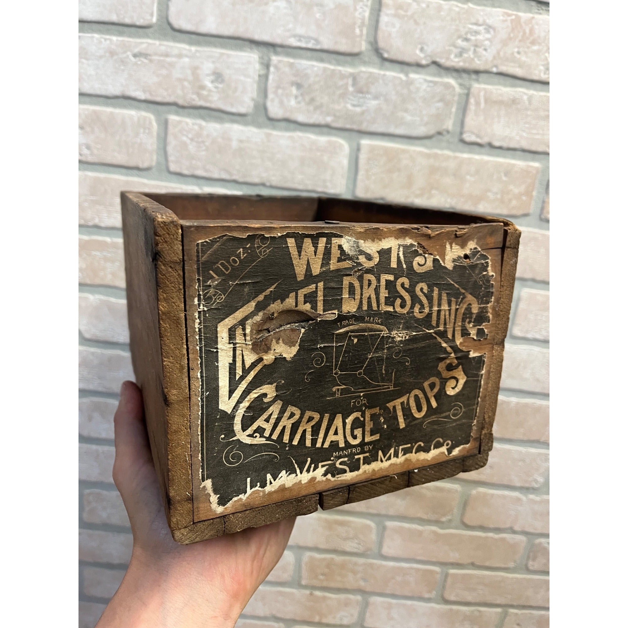Antique West Enamel Dressing Carriage Tops Advertising Crate Rockford IL Ill.