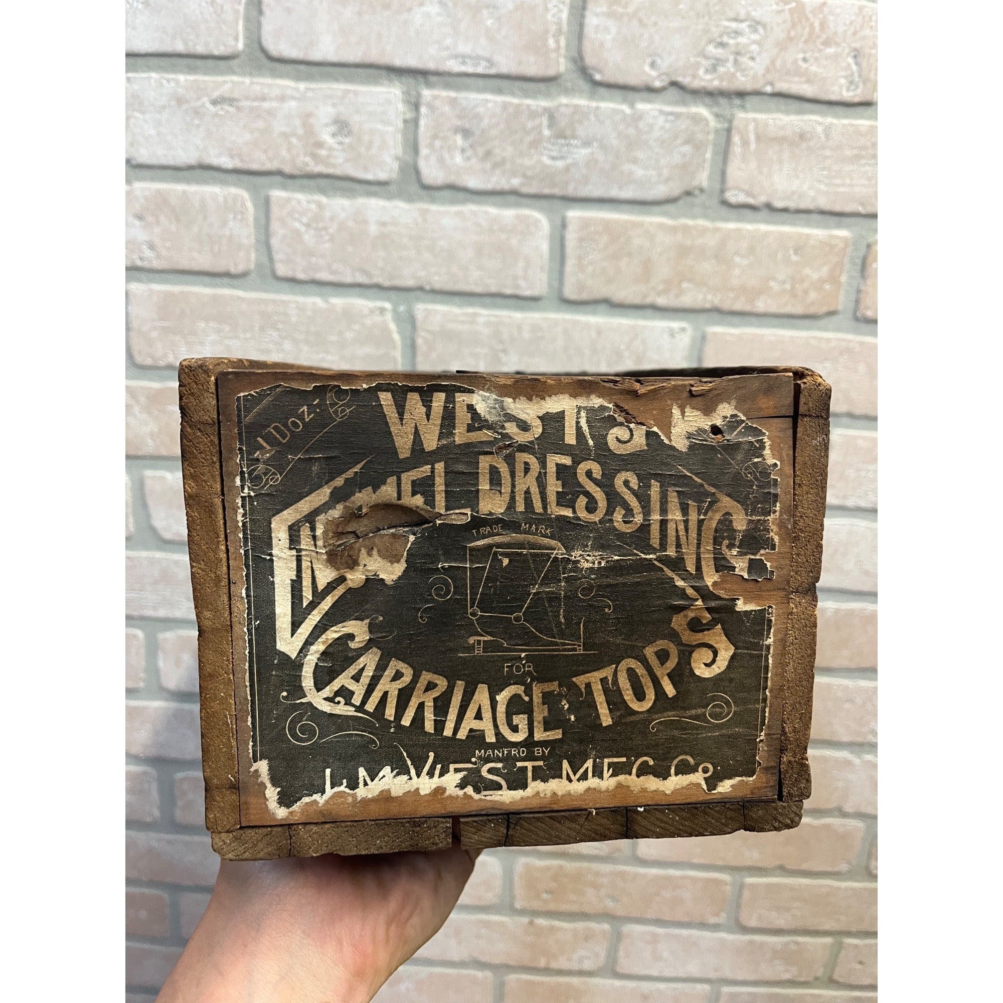 Antique West Enamel Dressing Carriage Tops Advertising Crate Rockford IL Ill.